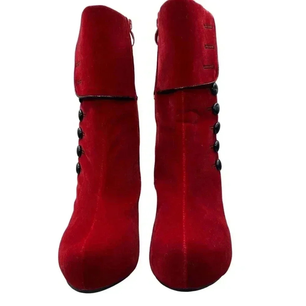 Red Velvet Victorian Inspired Platform Booties Button Accent Stiletto Heel - Picture 5 of 16